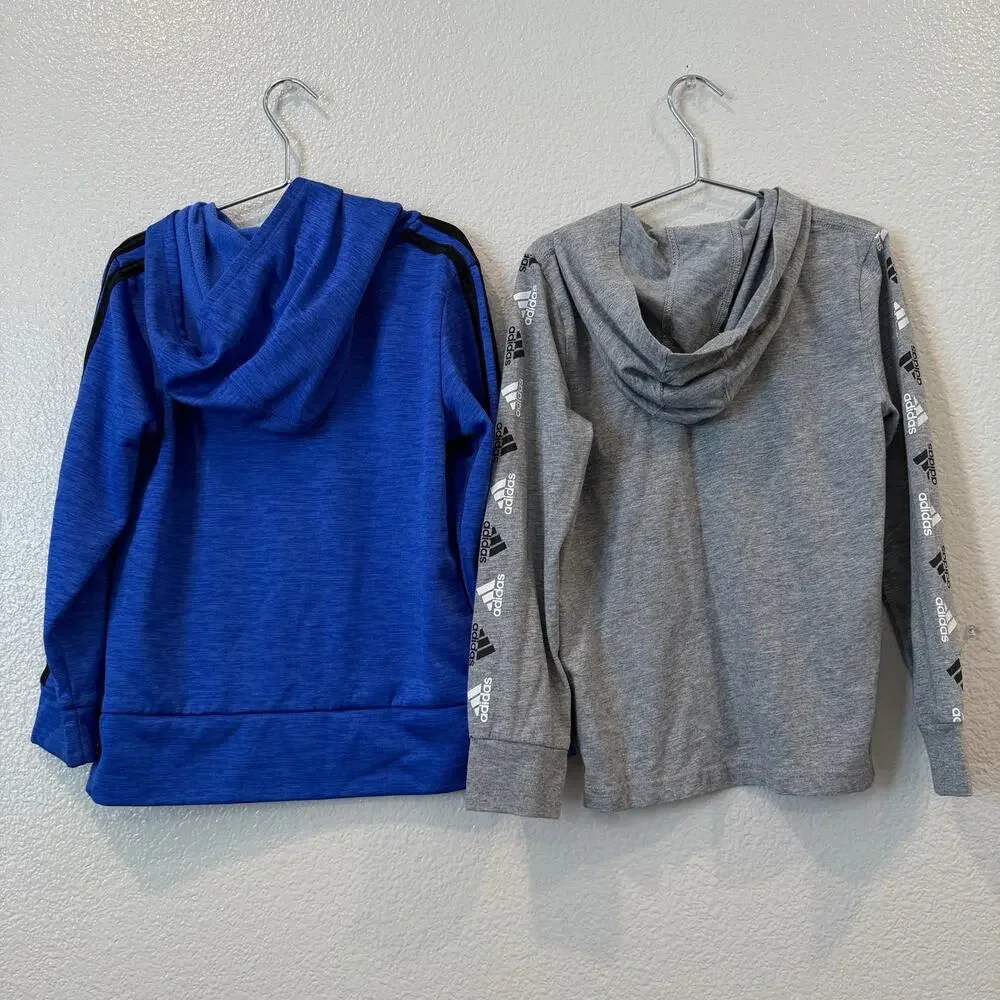2x Adidas Boys Blue Logo Hoodie Sweatshirt Long Sleeve Hooded Logo Tee gray